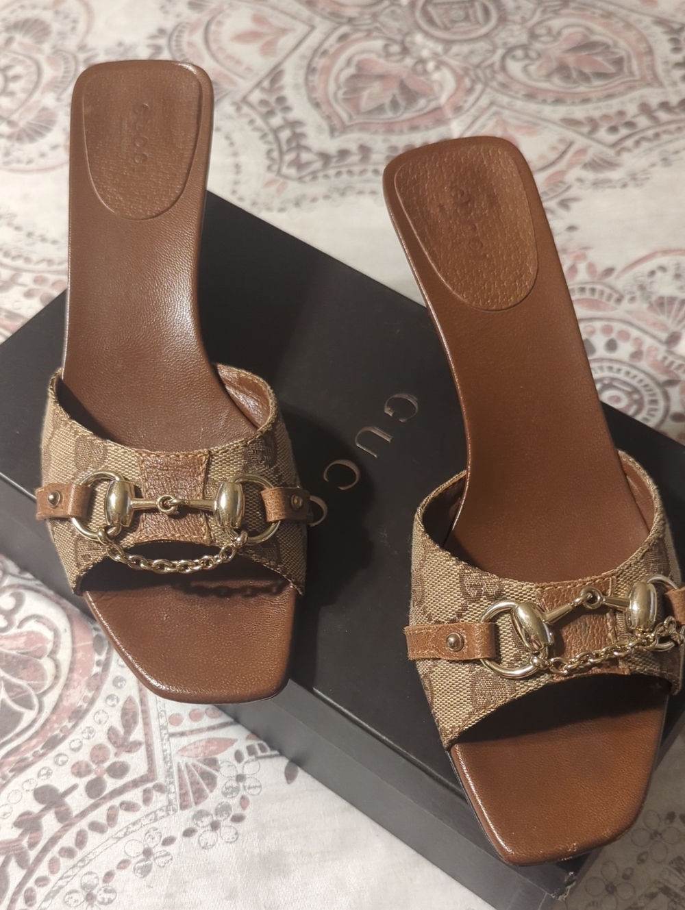 2005 Gucci Brown Canvas Horsebit Mule Sandals with Gold Chain
